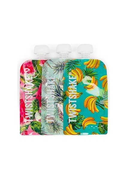 Twistshake Tekrar Kullanılabilir 3'lü Bebek Maması Sıkma Torbası, Doldurulabilir Çift Fermuar