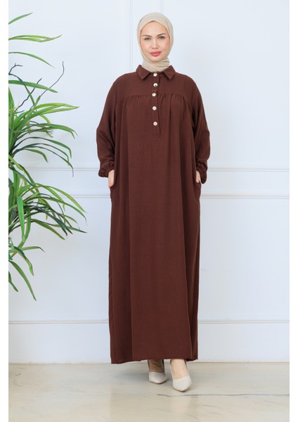 Önü Yarım Pat Düğmeli Gömlek Yaka Robalı Mevlana Elbise