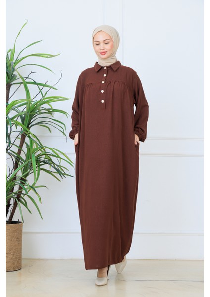 Önü Yarım Pat Düğmeli Gömlek Yaka Robalı Mevlana Elbise fiyatları