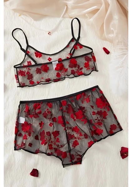 Çiçek Desenli Siyah Transparan Şortlu Gecelik TM1377 - ER001Y-53KNG3