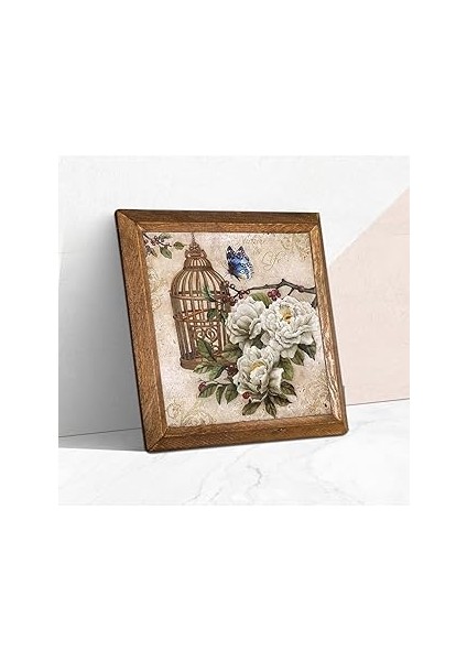 Pinecone Kelebekli Çiçek Taş Duvar Tablosu - Ahşap Çerçeveli Taş Tablo - 25X25 cm - Dekoratif Duvar
