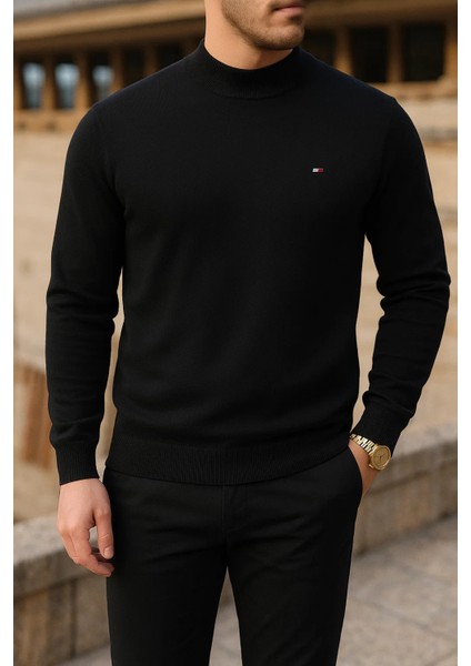 Erkek Slim Fit Yarım Balıkçı Yaka Siyah Kazak fiyatları