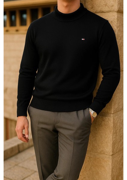 Erkek Slim Fit Yarım Balıkçı Yaka Siyah Kazak modelleri