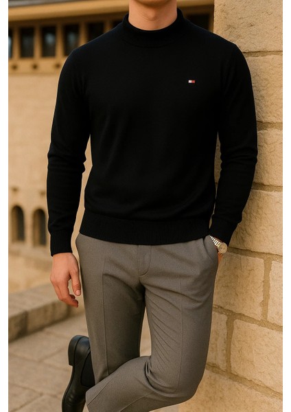 Erkek Slim Fit Yarım Balıkçı Yaka Siyah Kazak fırsatları