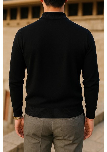 Erkek Slim Fit Yarım Balıkçı Yaka Siyah Kazak