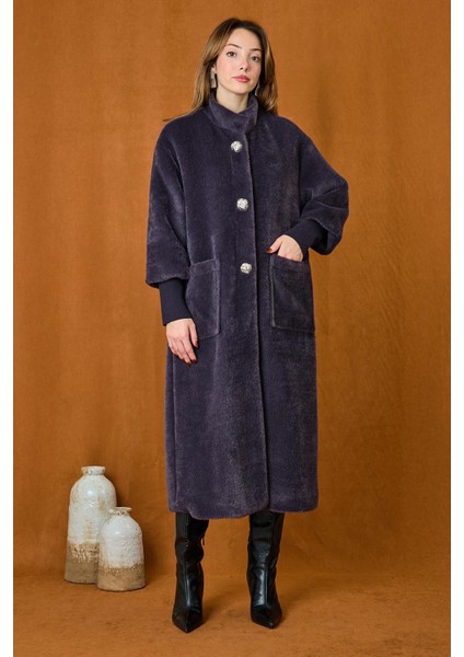 Broş Detaylı Angora Kaban Mont 15231 Antrasit