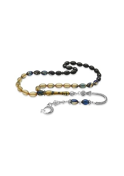 (Tesbihane) Ayyıldız Kararmaz Metal Püsküllü Arpa Kesim Süzme Mavi-Beyaz Ateş Kehribar Tesbih