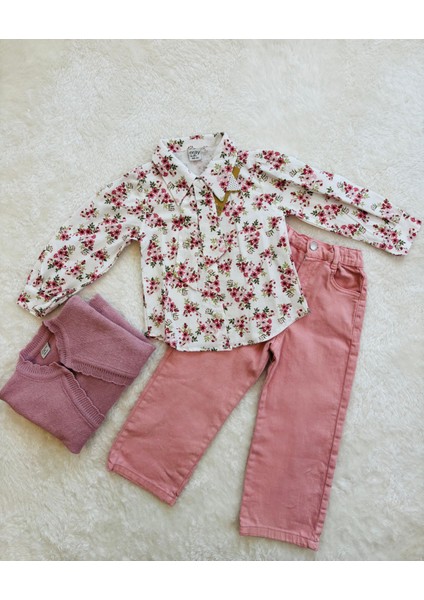 Çiçek Desenli Gömlekli Kız Çocuk 3’lü Takım – Hırka + Gömlek + Pantolon Kombin