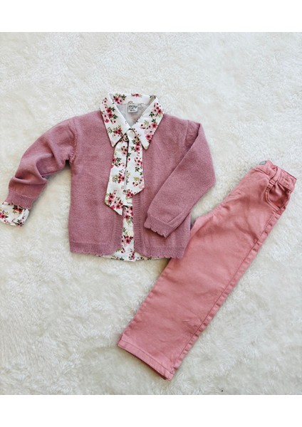 Çiçek Desenli Gömlekli Kız Çocuk 3’lü Takım – Hırka + Gömlek + Pantolon Kombin fiyatları