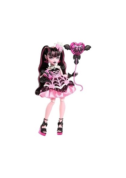 High Pembe Parti Elbisesi Giyen Doğum Günü Draculaura Bebek ve Davetiye, Balon, Hediye ve Y