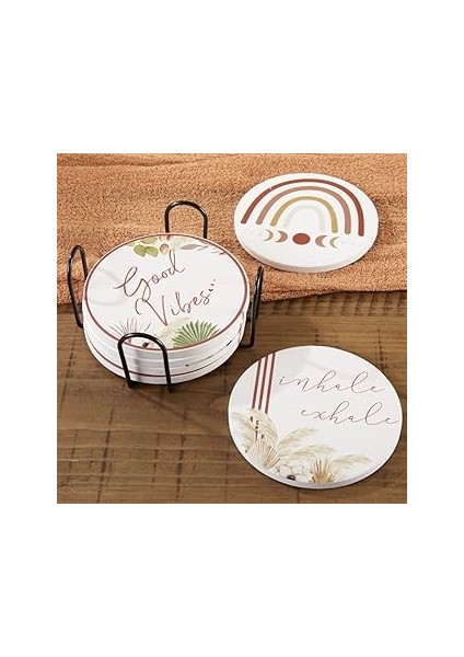 Boho Seramik Bardak Altlığı, Tutuculu (6'lı Set), Ev Dekoru ve Hediye Seti, Parti Hediyesi, Eve Taş