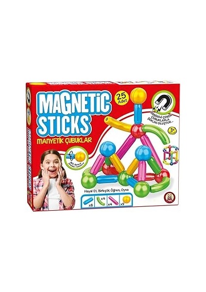 Oyuncak 25 Parça Manyetik Çubuklar ve Toplar Çocuklar Için Eğitici Öğretici Set Kutulu Stem Oyuncağ