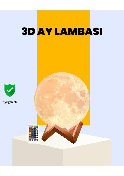 Şarjlı 3D Baskılı 16 Renk Ay Lambası Ahşap Stand ve Uzaktan Kumanda - ER001Y-53LQL2