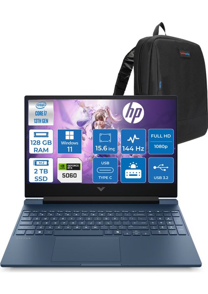 Victus 15W-FA2038NT Intel Core I7 13620H 4.9ghz 128GB Ddr5 2tb SSD Windows 11 Pro RTX5060 8gb Gddr7 15.6" FULLHD(1920 x 1080) 144Hz IPS 300NIT Taşınabilir Bilgisayar WC39D5EAP60 + Zetta Çanta