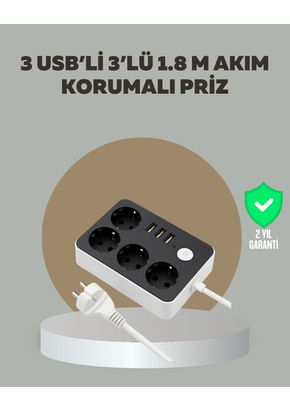 4 Prizli 3 USB Portlu Anahtarlı Akım Korumalı Priz - ER001Y-53BE98