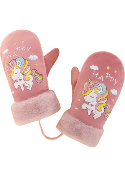 Sıcacık Tutan Eldiven Kadifemsi Pembe Içi Kürklü Unicorn Happy Kız Çocuk