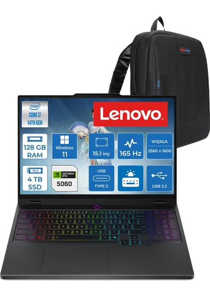 Legion 5 15IRX10 Intel Core I7 14700HX 128GB Ddr5 4tb SSD RTX5060 8gb Gddr7 115W Windows 11 Home 15.1" OLED 1000NITS 165Hz Wqxga (2560X1600) Taşınabilir Bilgisayar W83LY00KXTRH46 + Zetta Çanta