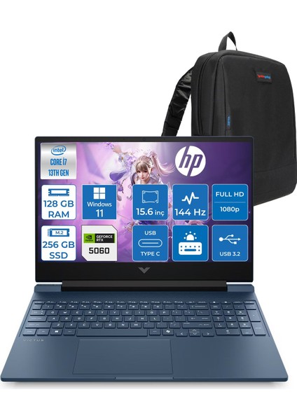 Victus 15W-FA2038NT Intel Core I7 13620H 4.9ghz 128GB Ddr5 256GB SSD Windows 11 Pro RTX5060 8gb Gddr7 15.6" FULLHD(1920 x 1080) 144Hz IPS 300NIT Taşınabilir Bilgisayar WC39D5EAP57 + Zetta Çanta