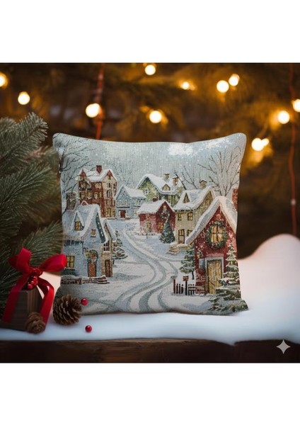 Belıeve Karlı Evli Yılbaşı Jakarlı Dokuma Goblen Dekoratif Simli Kırlent 45*45 indirimleri