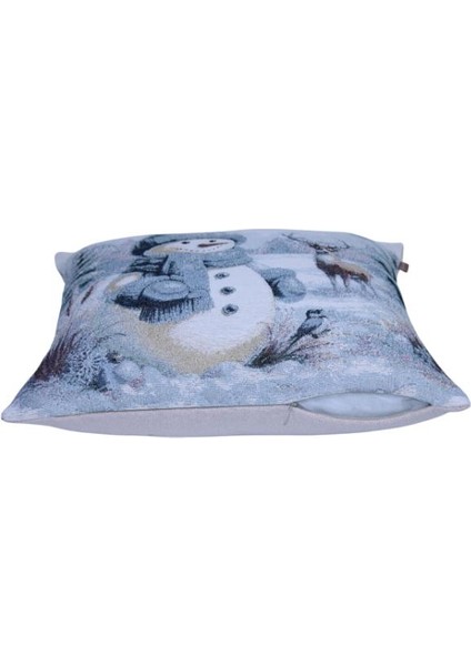 Belıeve Karlı Evli Yılbaşı Jakarlı Dokuma Goblen Dekoratif Simli Kırlent 45*45