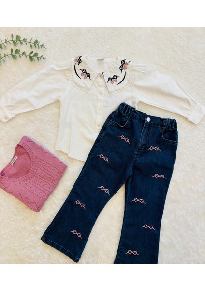 Nakış Detaylı Kız Çocuk 3’lü Takım – Işlemeli Yaka Bluz, Nakışlı Kot Pantolon ve Triko Kazak modelleri