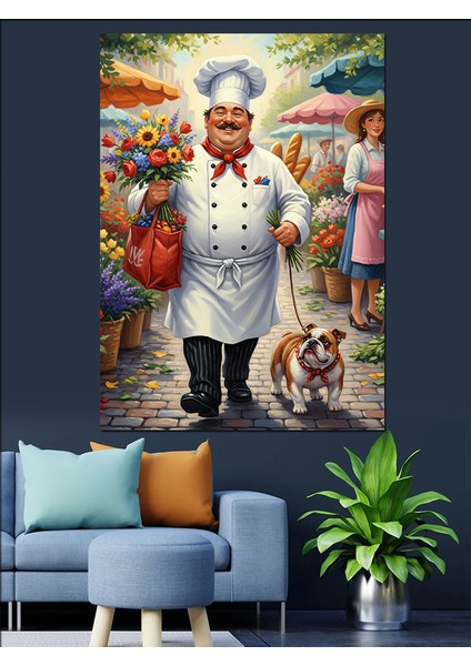 Yemeklik Alan Neşeli Aşçı Dekoratif Kanvas - Mdf Ahşap Tablo