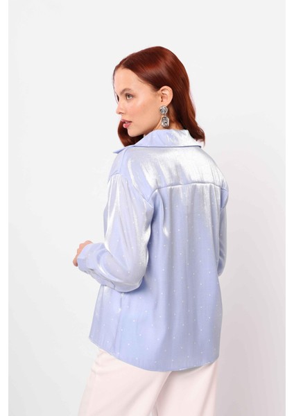 Saten Benekli Gömlek Mavi Beyaz fiyatları