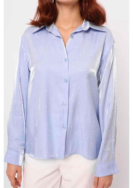 Saten Benekli Gömlek Mavi Beyaz modelleri