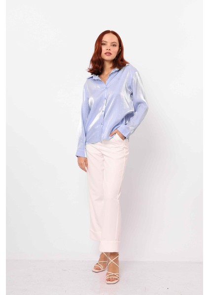 Saten Benekli Gömlek Mavi Beyaz fırsatları