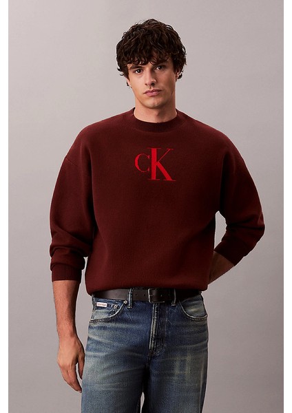 Uzun Kollu Pamuklu Kaşmir 3D Logolu Bisiklet Yaka Erkek Kırmızı Kazak LV04RD305G-XWI