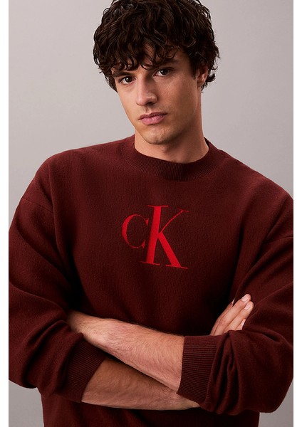 Uzun Kollu Pamuklu Kaşmir 3D Logolu Bisiklet Yaka Erkek Kırmızı Kazak LV04RD305G-XWI fırsatları