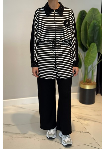 Taş Detaylı Çizgili Modal Takım 72054 Siyah