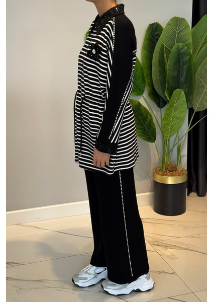 Taş Detaylı Çizgili Modal Takım 72054 Siyah fiyatları