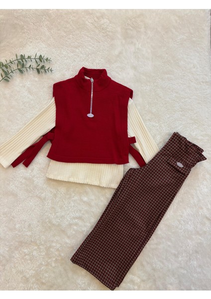 Triko Yelekli Kız Çocuk 3’lü Takım – Fermuarlı Kırmızı Yelek, Ribanalı Uzun Kol Bluz ve Ekose Pantolon