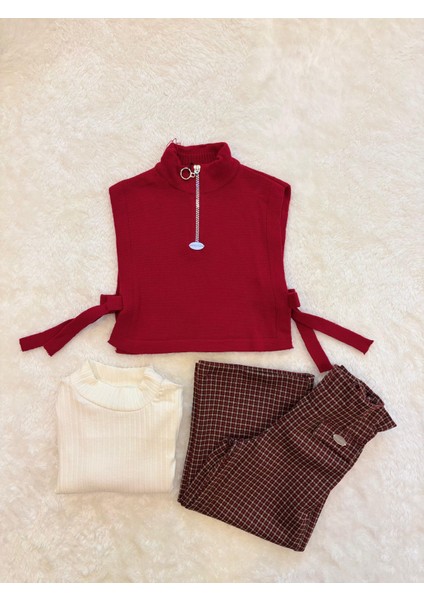 Triko Yelekli Kız Çocuk 3’lü Takım – Fermuarlı Kırmızı Yelek, Ribanalı Uzun Kol Bluz ve Ekose Pantolon modelleri