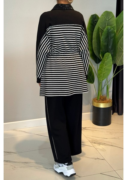 Taş Detaylı Çizgili Modal Takım 72054 Siyah modelleri