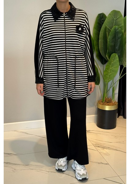 Taş Detaylı Çizgili Modal Takım 72054 Siyah fırsatları