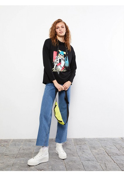 Lcw Vision Siyah Kapüşonlu Baskılı Uzun Kollu Kadın Sweatshirt