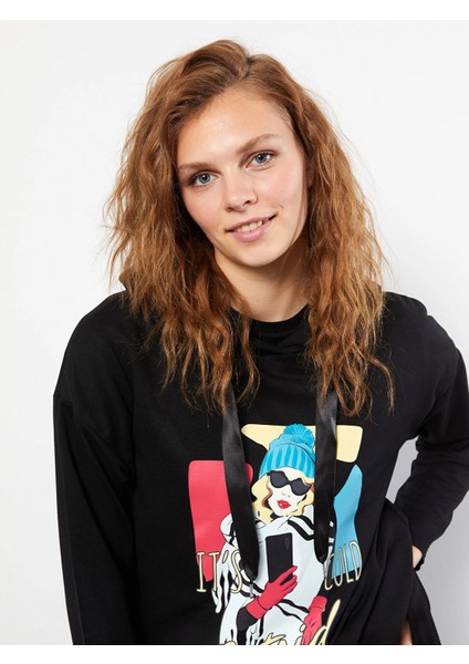 Lcw Vision Siyah Kapüşonlu Baskılı Uzun Kollu Kadın Sweatshirt modelleri