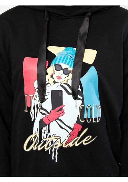 Lcw Vision Siyah Kapüşonlu Baskılı Uzun Kollu Kadın Sweatshirt fırsatları