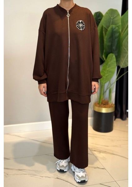 Fitilli Taş Detaylı Fermuarlı Takım 120299 Kahverengi