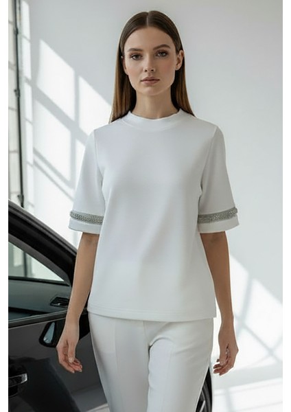 Bisiklet Yaka Taş Işlemeli Regular Örme Tişört fiyatları