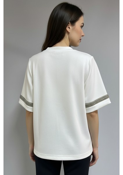 Bisiklet Yaka Taş Işlemeli Regular Örme Tişört
