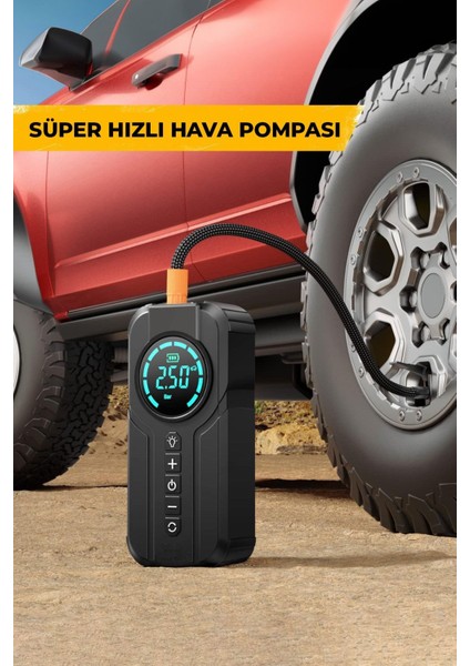 Çok Fonksiyonlu Şarjlı Akü Ateşleyici Seti: Lastik Şişirici, Powerbank, LED Işık