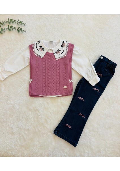 Ekose Askılı Kız Çocuk Elbise Takımı – Dantelli Fırfır Kollu Bluz ve Fiyonk Detaylı Elbise fırsatları