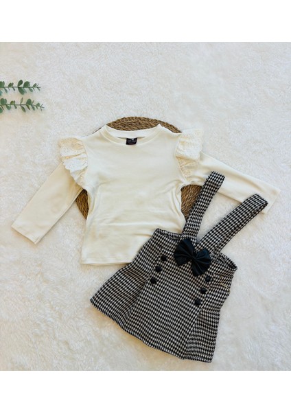 Ekose Askılı Kız Çocuk Elbise Takımı – Dantelli Fırfır Kollu Bluz ve Fiyonk Detaylı Elbise indirimleri