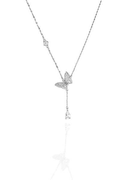 925 Ayar Gümüş Mozanit Taşlı Y Model Kelebek Kadın Gümüş Kolye