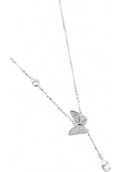 925 Ayar Gümüş Mozanit Taşlı Y Model Kelebek Kadın Gümüş Kolye modelleri