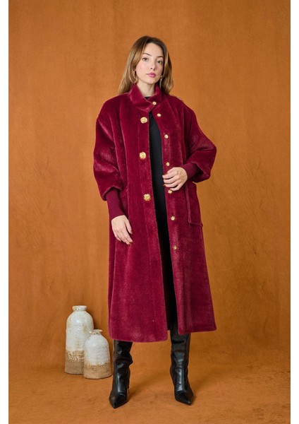 Broş Detaylı Angora Kaban Mont 15231 Bordo fiyatları