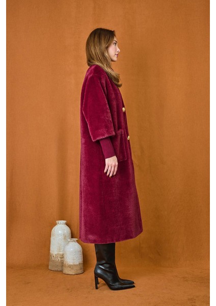 Broş Detaylı Angora Kaban Mont 15231 Bordo modelleri